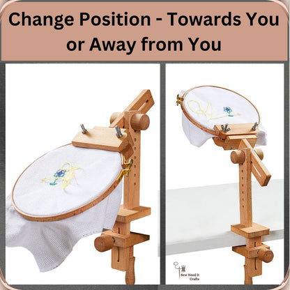 Two views of the clamp-on embroidery stand showing the hoop positioned towards the stitcher and flipped away from them