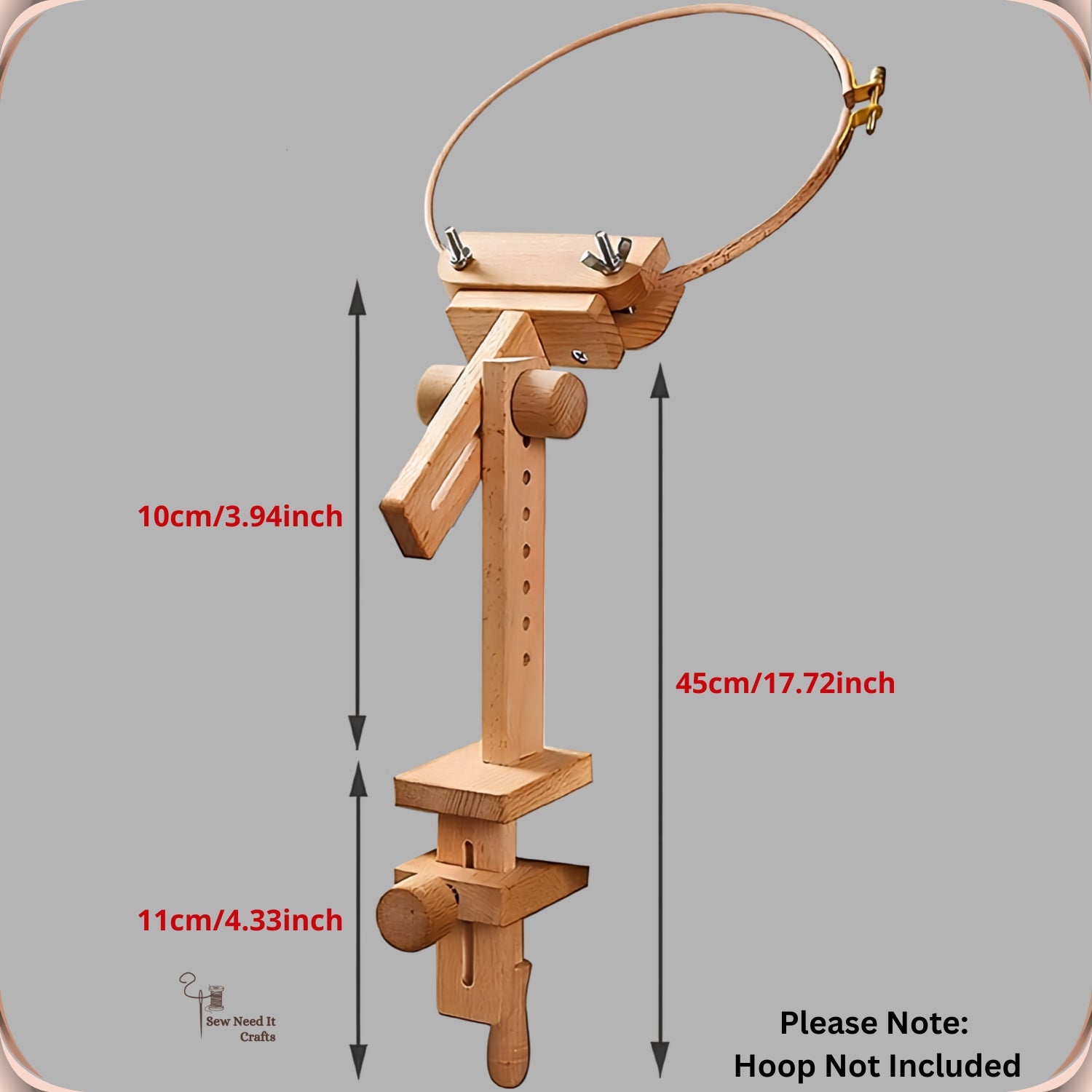Dimensions graphic for the beechwood clamp-on embroidery stand, showing the upright above the table and the clamp assembly below it