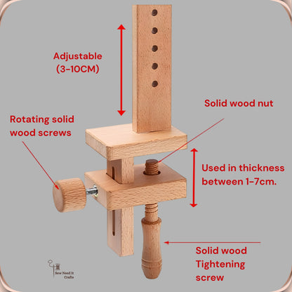 Close-up of the wooden table clamp with labels for the rotating wood screw, wooden nut, tightening screw and the range of table thicknesses it fits