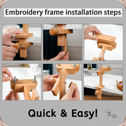 Six-step installation sequence showing the beechwood embroidery stand being clamped to a table and assembled by hand