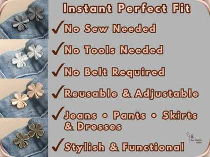 No Sew Waist Adjusters for Pants, Jeans Waist Tightener Four Leaf Clover Clip