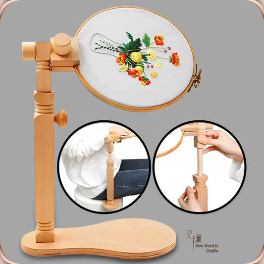 Beechwood cross stitch lap stand holding an oval hoop of ribbon-embroidered flowers, with insets showing it in use seated and the pole being adjusted