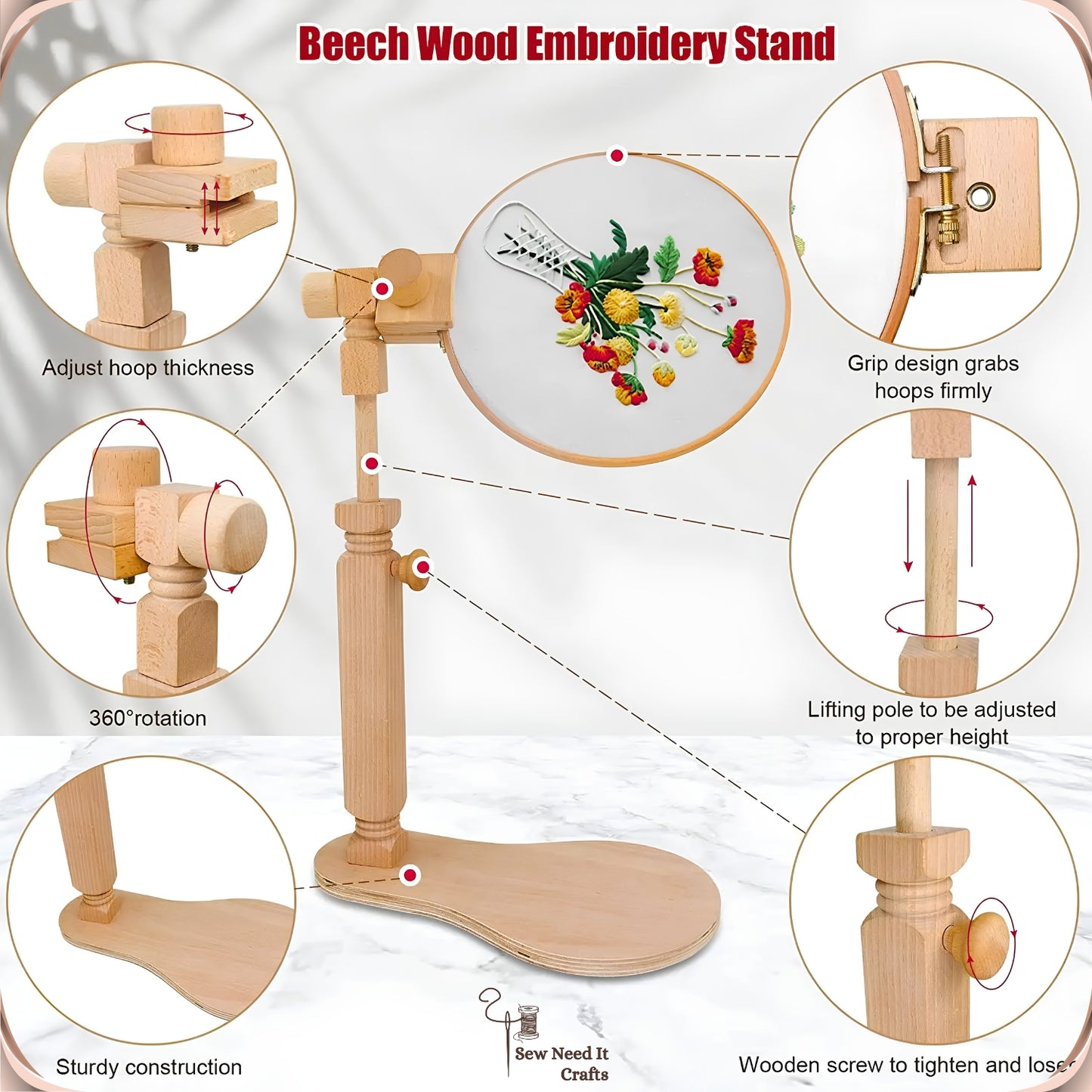 Feature diagram of the beech wood embroidery stand showing the adjustable hoop clip, swivel joint, lifting pole and stable base