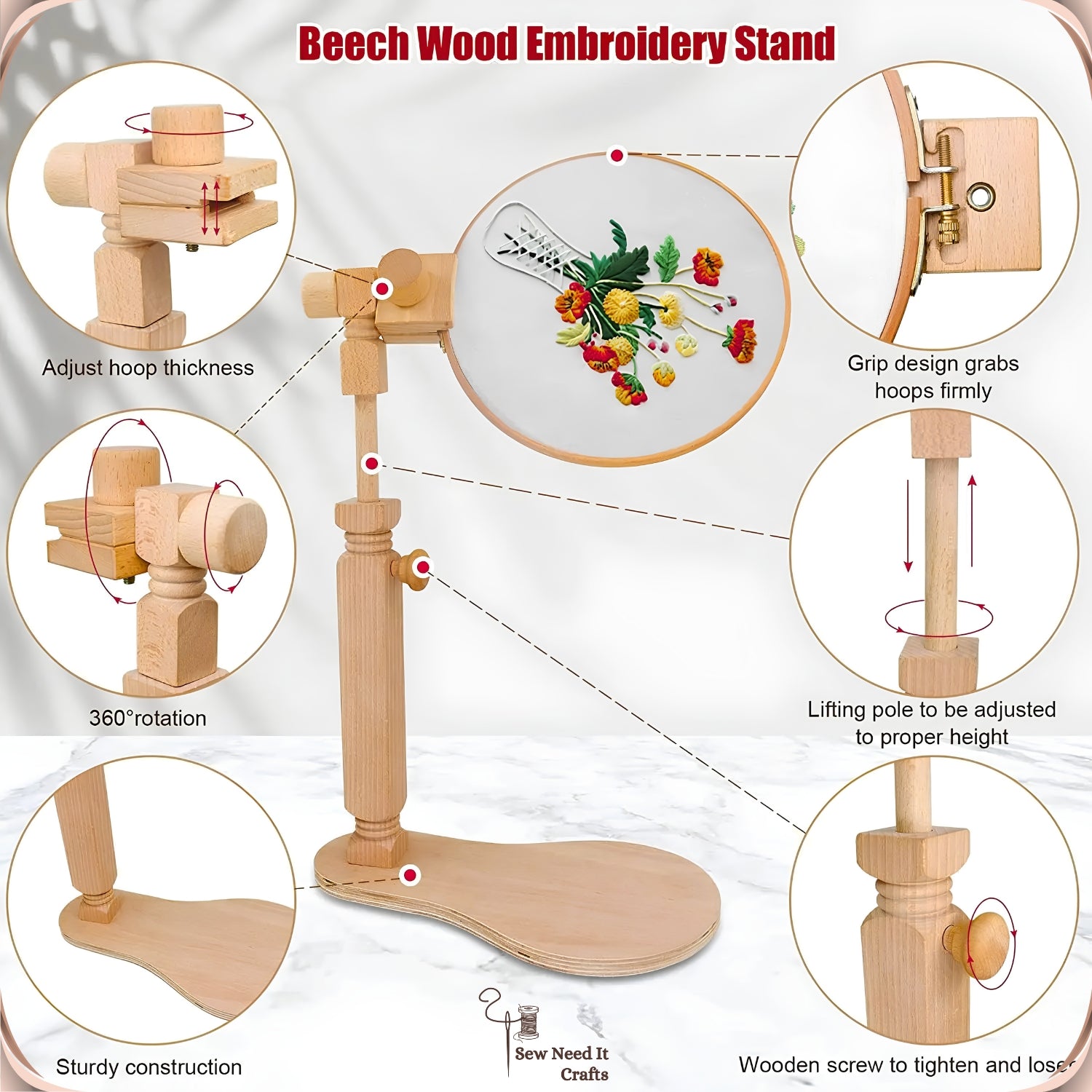Feature diagram of the beech wood embroidery stand showing the adjustable hoop clip, swivel joint, lifting pole and stable base