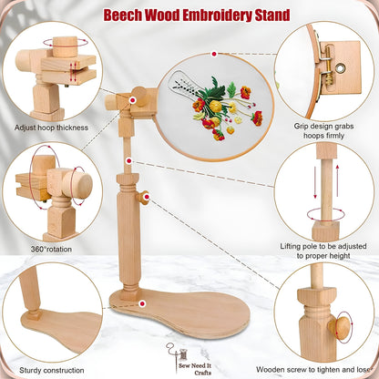 Feature diagram of the beech wood embroidery stand showing the adjustable hoop clip, swivel joint, lifting pole and stable base
