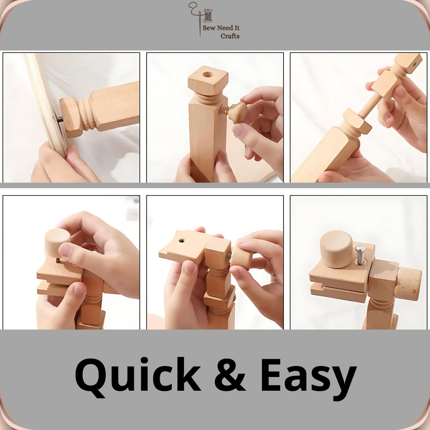 Six-step photo sequence showing the beech embroidery stand being assembled by hand without tools