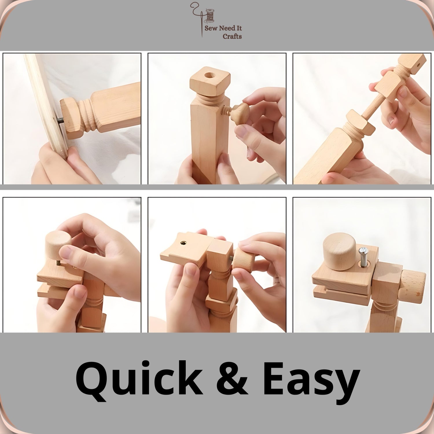 Six-step photo sequence showing the beech embroidery stand being assembled by hand without tools