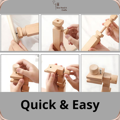 Six-step photo sequence showing the beech embroidery stand being assembled by hand without tools