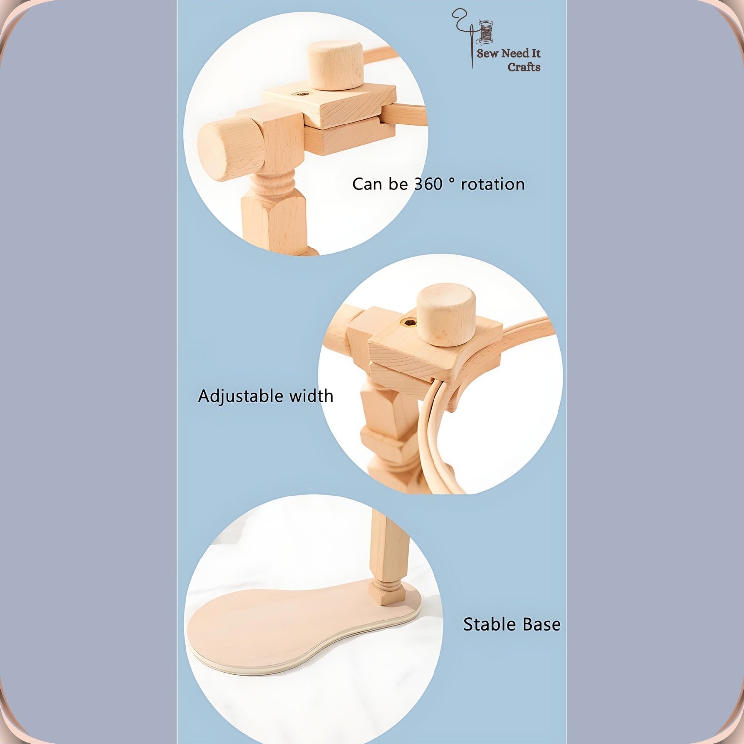 Three close-ups of the stand's swivel joint, adjustable-width hoop clip and stable shaped base board