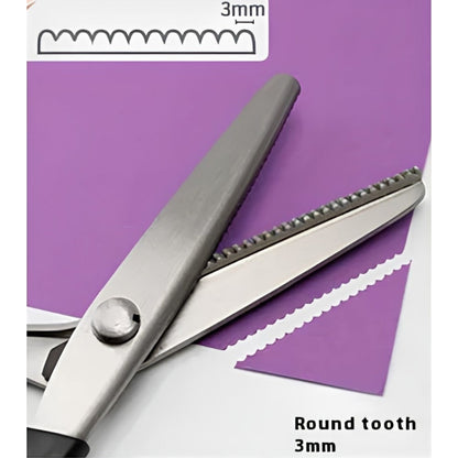 Circular arc scalloped pinking shear with a 3 mm tooth pitch, shown with its blade profile diagram and the fine scalloped edge it cuts in paper