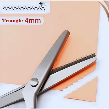 Triangular zigzag pinking shear with a 4 mm tooth pitch, shown with its blade profile diagram and the sawtooth edge it cuts in paper