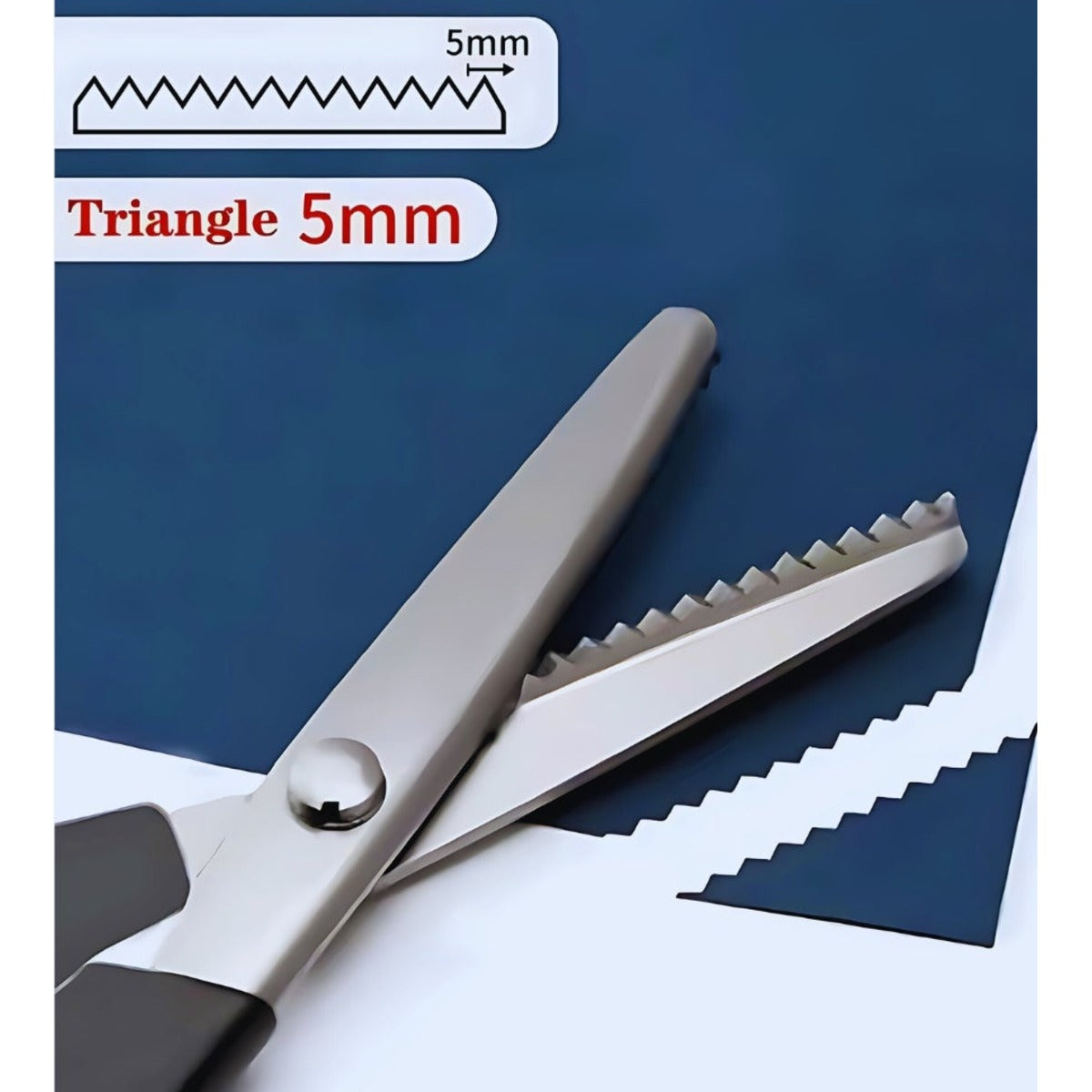 Triangular zigzag pinking shear with a 5 mm tooth pitch, shown with its blade profile diagram and the sawtooth edge it cuts in paper