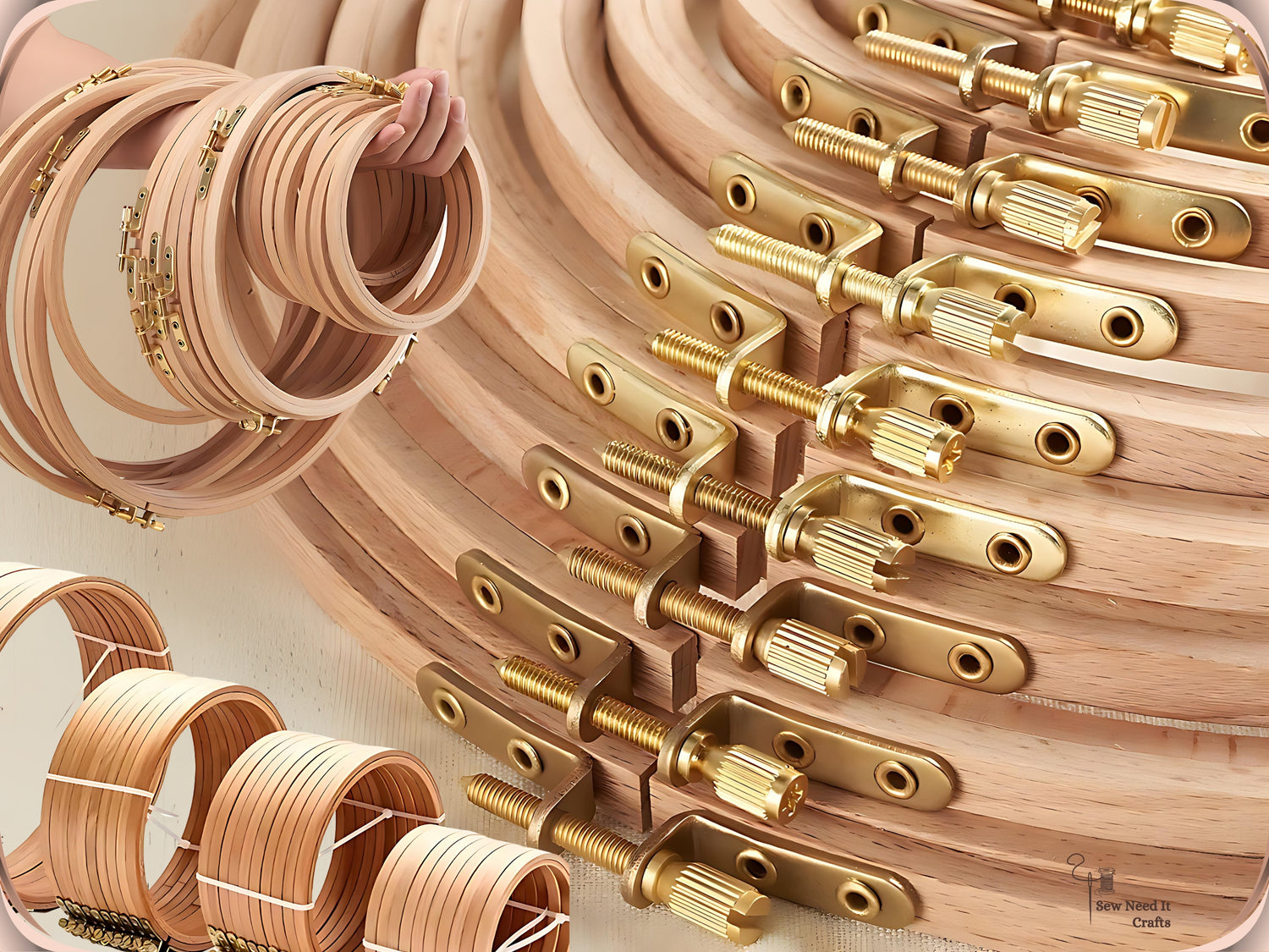 Beechwood embroidery hoops in several sizes fanned out and stacked, showing the gold-tone screw fittings