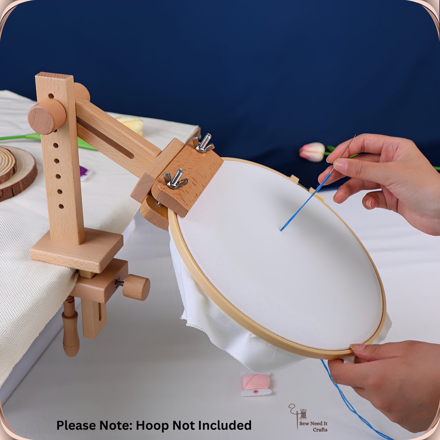 Beechwood clamp-on embroidery stand in use, hands stitching in the mounted hoop