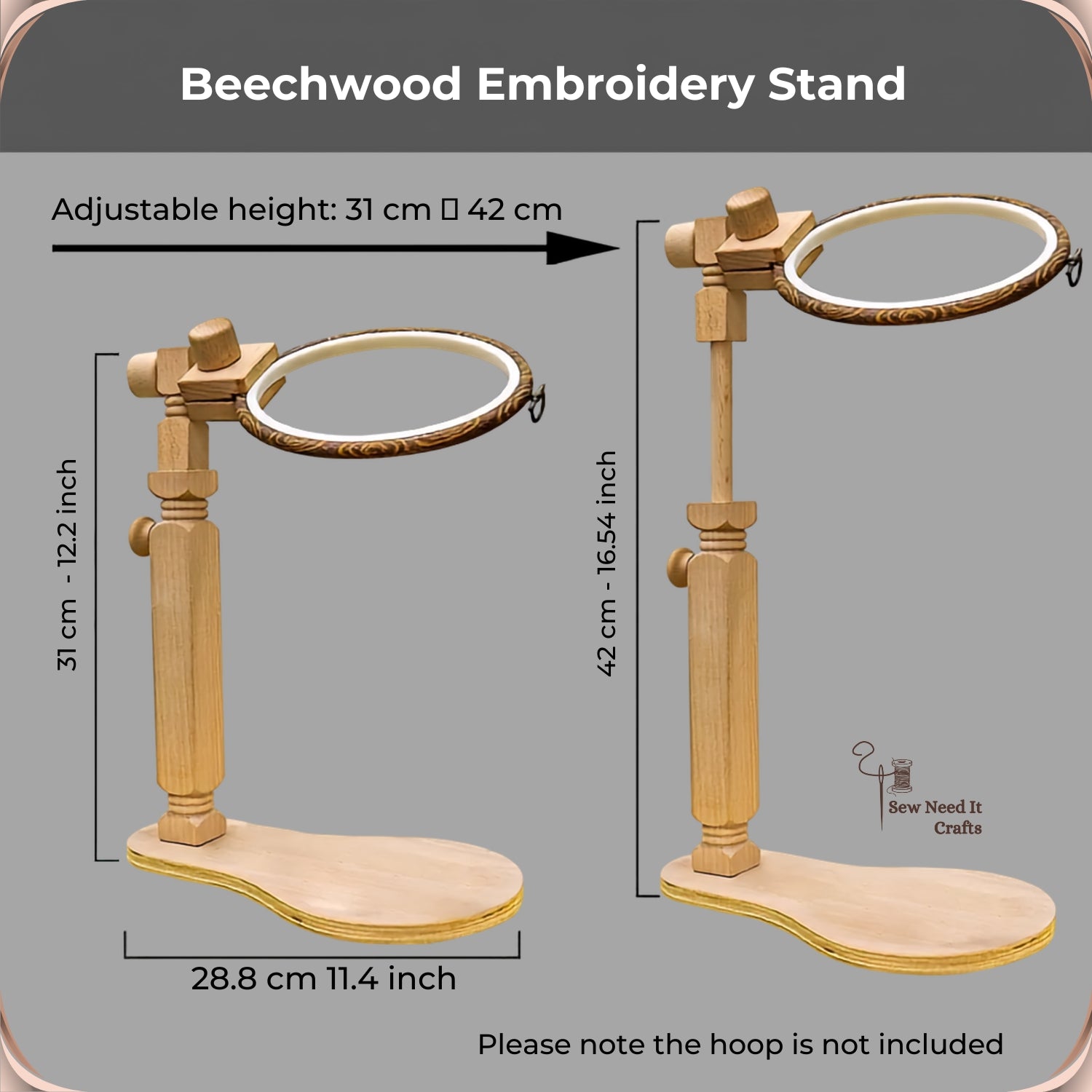 Dimension graphic showing the stand at its lowest 31 cm and highest 42 cm settings with a 28.8 cm base board