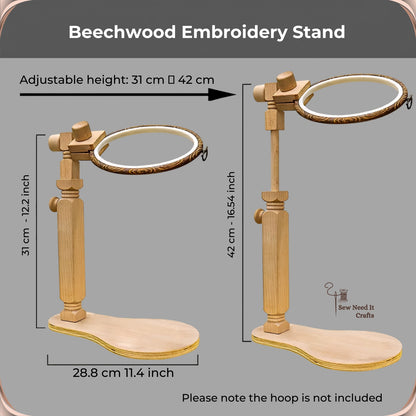 Dimension graphic showing the stand at its lowest 31 cm and highest 42 cm settings with a 28.8 cm base board