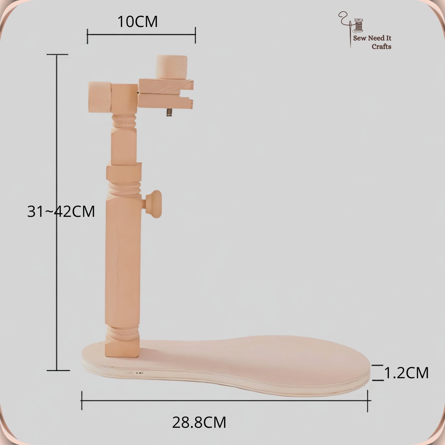 Measured diagram of the stand: 10 cm clip head, 31 to 42 cm adjustable height, 28.8 cm base board 1.2 cm thick