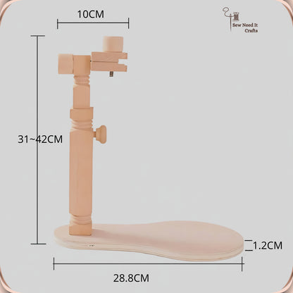 Measured diagram of the stand: 10 cm clip head, 31 to 42 cm adjustable height, 28.8 cm base board 1.2 cm thick