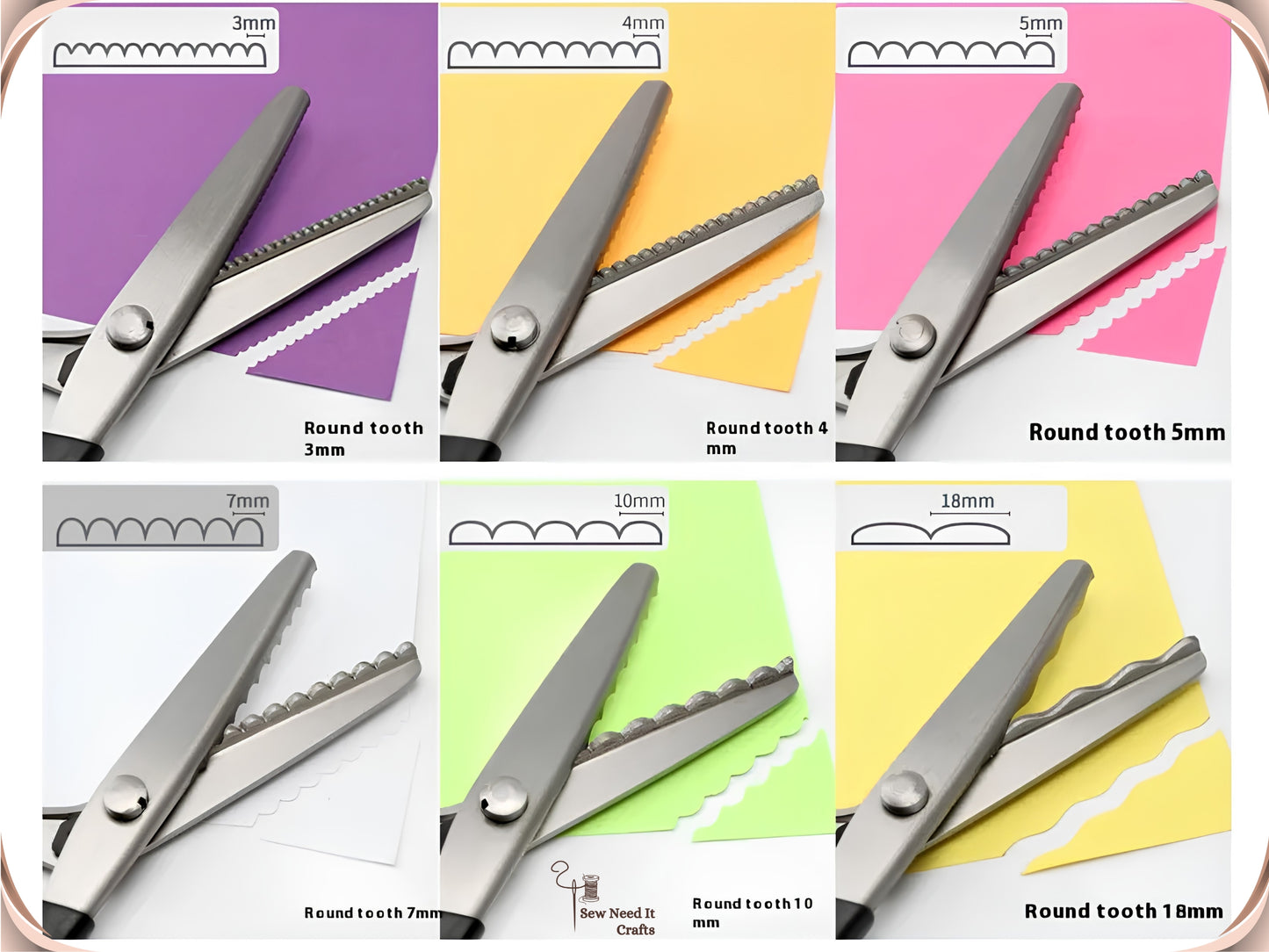 Six circular arc pinking shears at 3 mm, 4 mm, 5 mm, 7 mm, 10 mm and 18 mm tooth pitch, each shown with its blade profile diagram and the scalloped edge it cuts in coloured paper