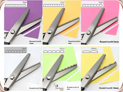 Six circular arc pinking shears at 3 mm, 4 mm, 5 mm, 7 mm, 10 mm and 18 mm tooth pitch, each shown with its blade profile diagram and the scalloped edge it cuts in coloured paper