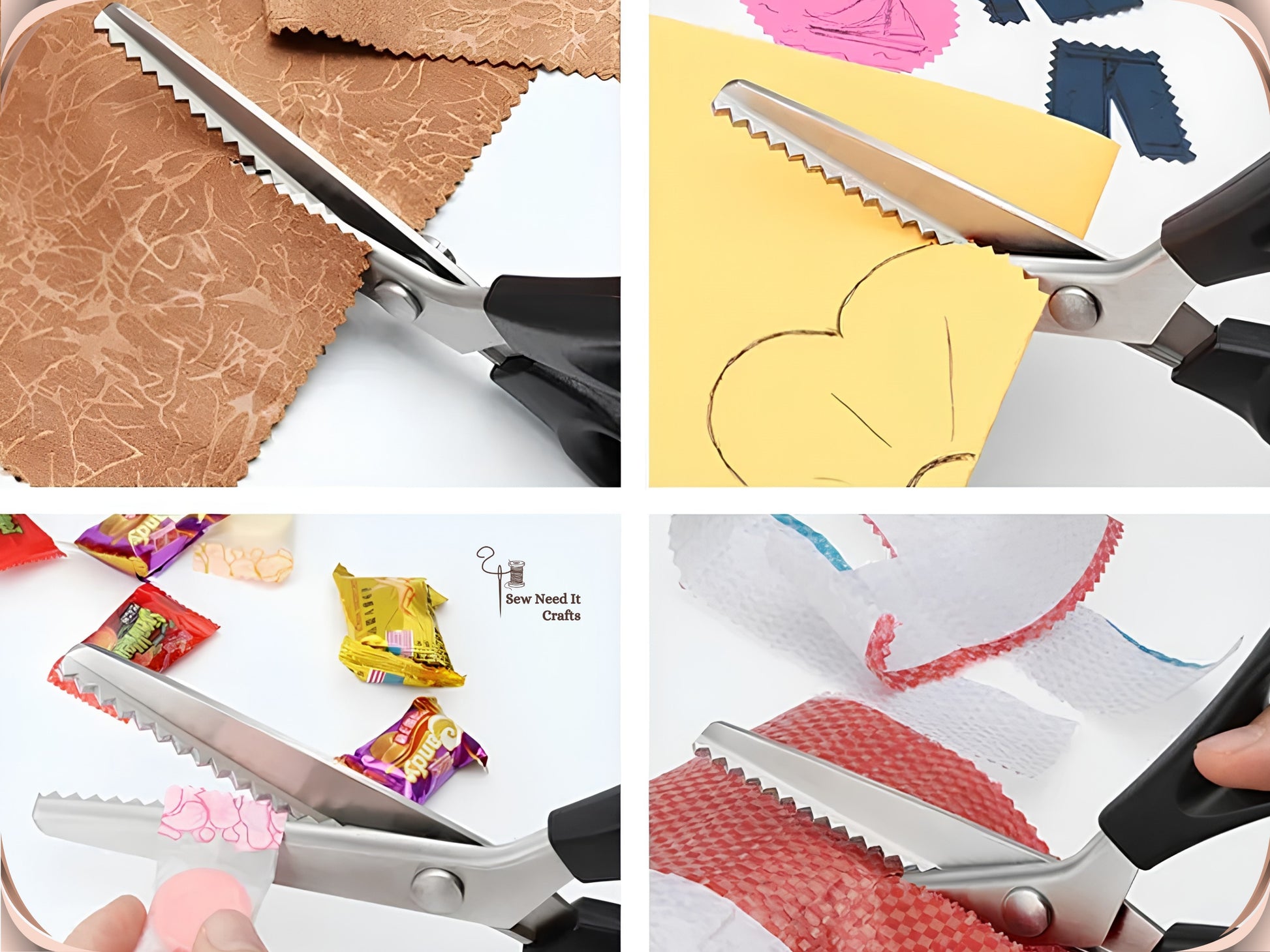Pinking shears cutting four different materials: brown leather, yellow card marked with a heart outline, foil sweet wrappers, and red and white non-woven ribbon