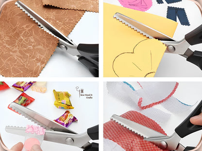 Pinking shears cutting four different materials: brown leather, yellow card marked with a heart outline, foil sweet wrappers, and red and white non-woven ribbon