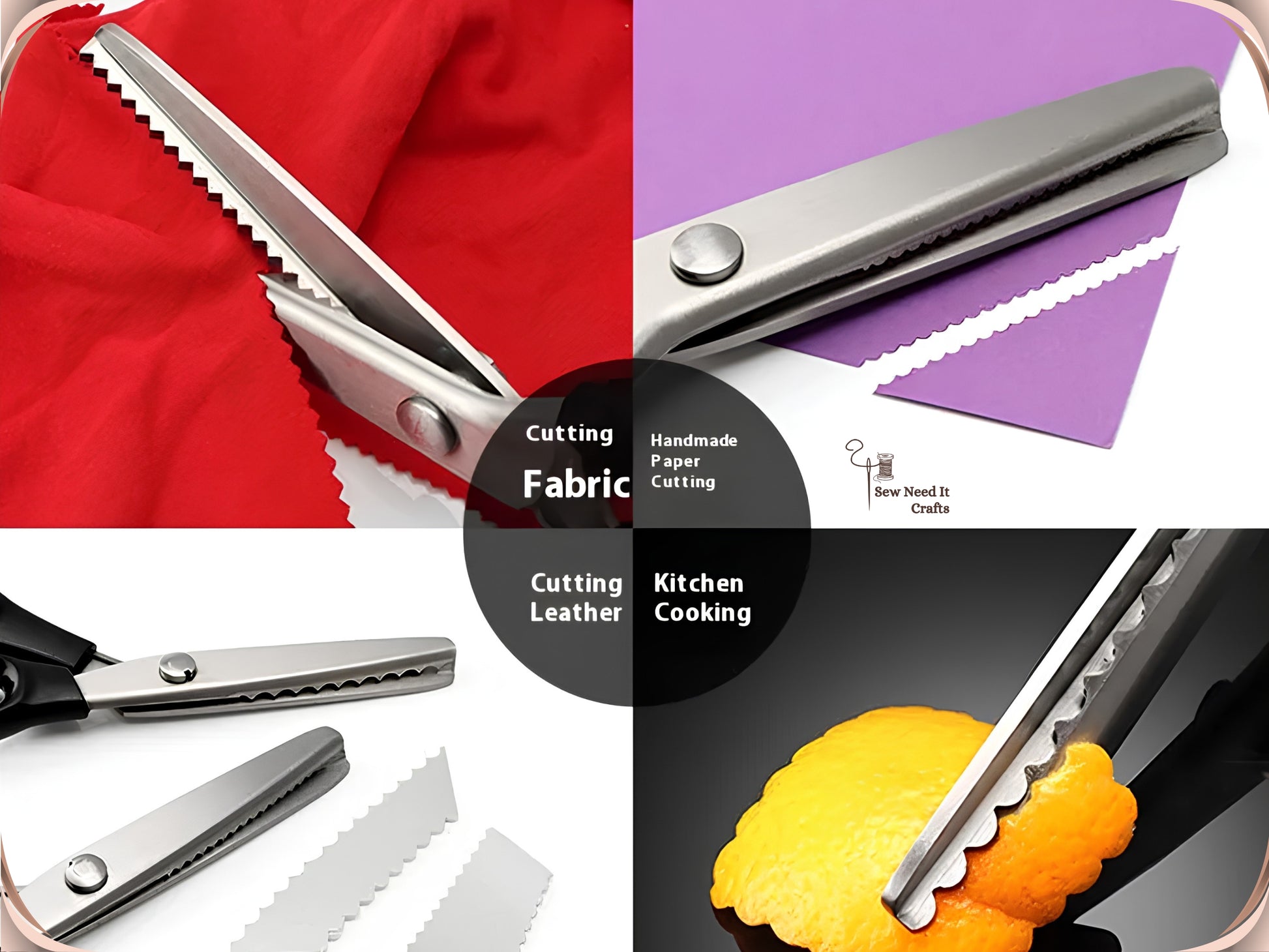 Four-panel montage labelled cutting fabric, handmade paper cutting, cutting leather and kitchen cooking, showing the shears cutting red fabric, purple paper, leather and food