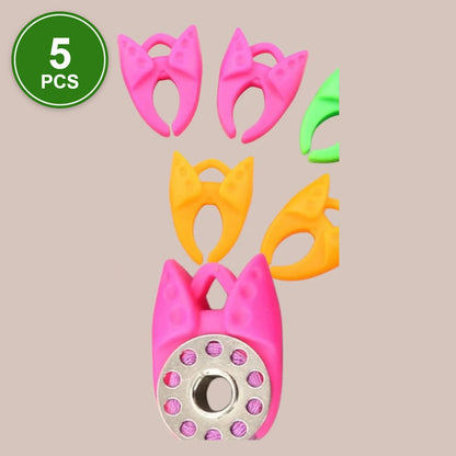 #2 Bobbin Clamps, 5 pcs: pink, orange and green silicone bobbin clamps, one holding a metal bobbin