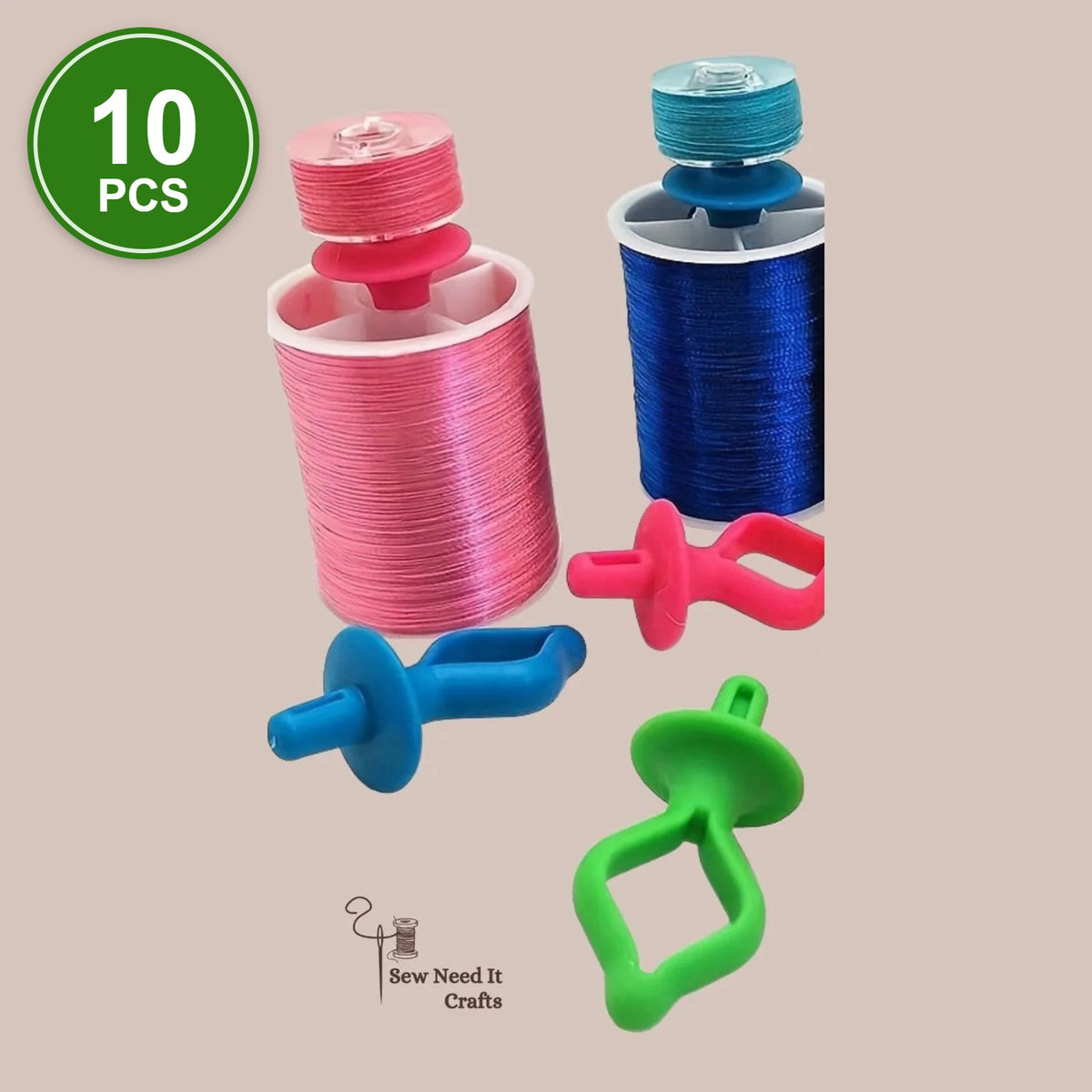 #1 Bobbin Holders, 10 pcs: silicone bobbin holders in pink, blue and green with bobbins on thread spools