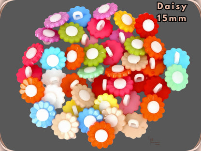 Daisy shaped novelty sewing buttons, 15 mm, shown in assorted colours