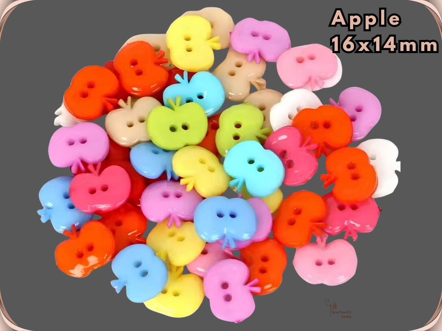Apple shaped novelty sewing buttons, 16 x 14 mm, shown in assorted colours
