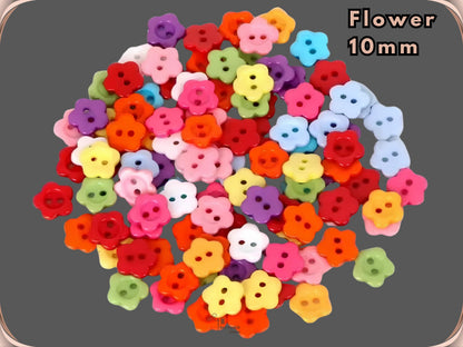 Flower shaped novelty sewing buttons, 10 mm, shown in assorted colours