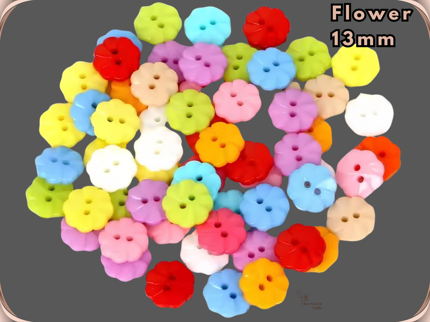 Flower shaped novelty sewing buttons, 13 mm, shown in assorted colours