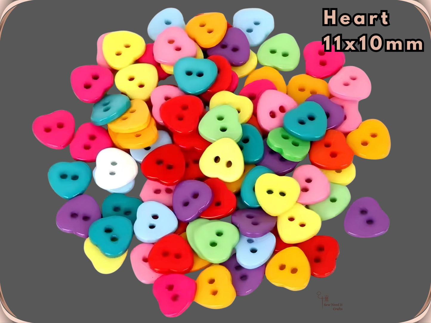 Heart shaped novelty sewing buttons, 11 x 10 mm, shown in assorted colours