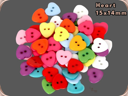 Heart shaped novelty sewing buttons, 15 x 14 mm, shown in assorted colours
