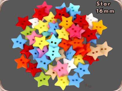 Star shaped novelty sewing buttons, 16 mm, shown in assorted colours