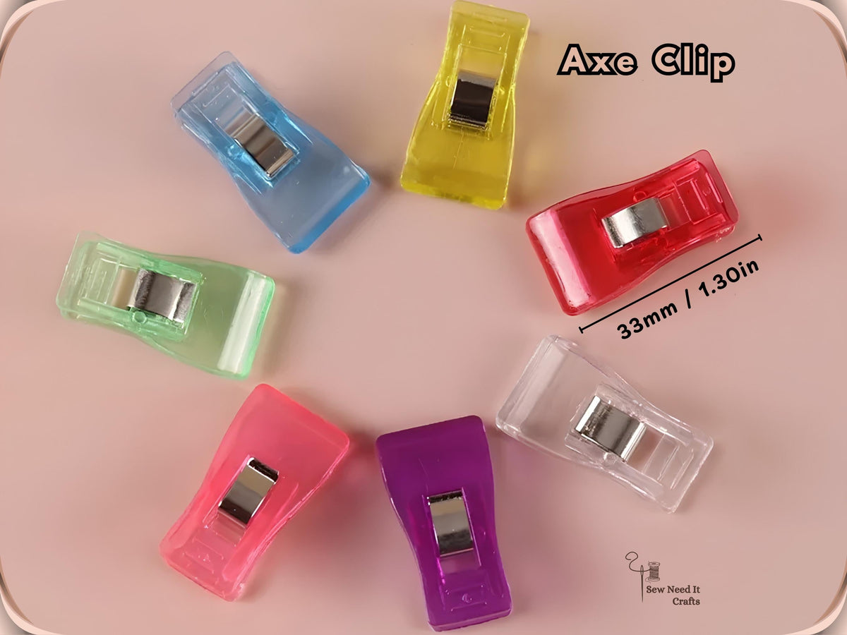 Axe clip sewing clips, 33 mm, shown in assorted colours