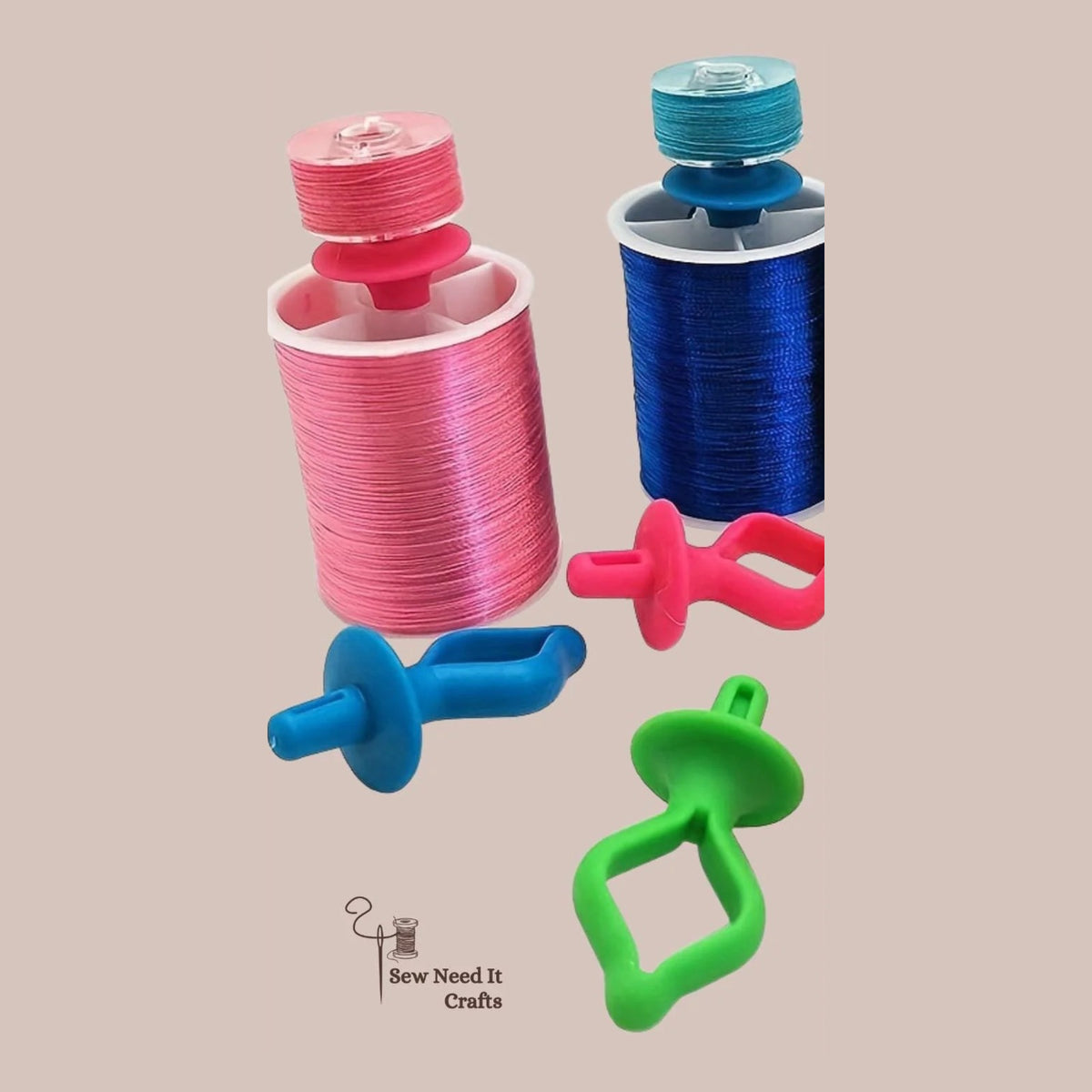 Silicone bobbin holders and thread spool pins in pink, blue and green, style #1