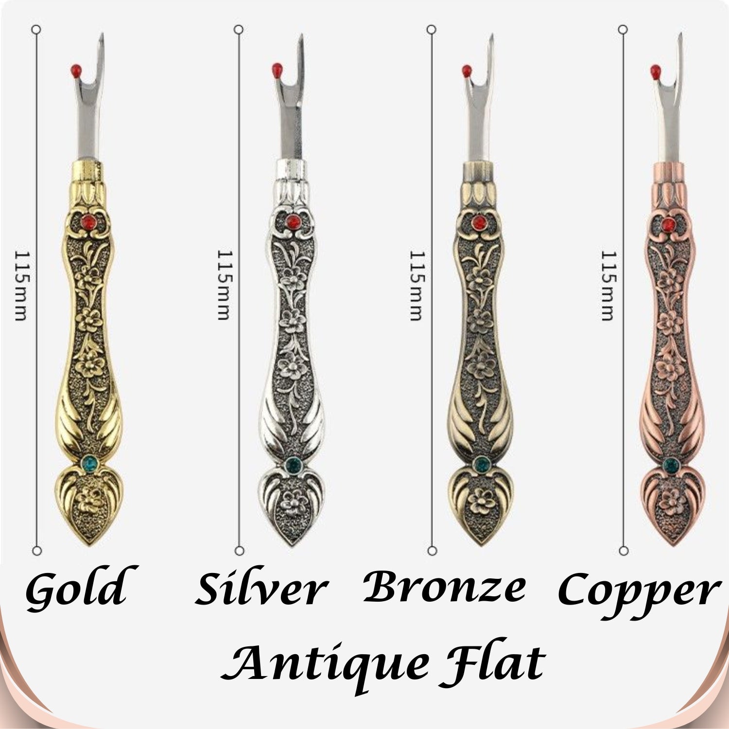 Size and colour chart for the Antique Flat seam ripper: gold, silver, bronze and copper, each measuring 115 mm long
