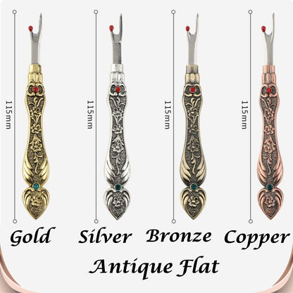 Size and colour chart for the Antique Flat seam ripper: gold, silver, bronze and copper, each measuring 115 mm long