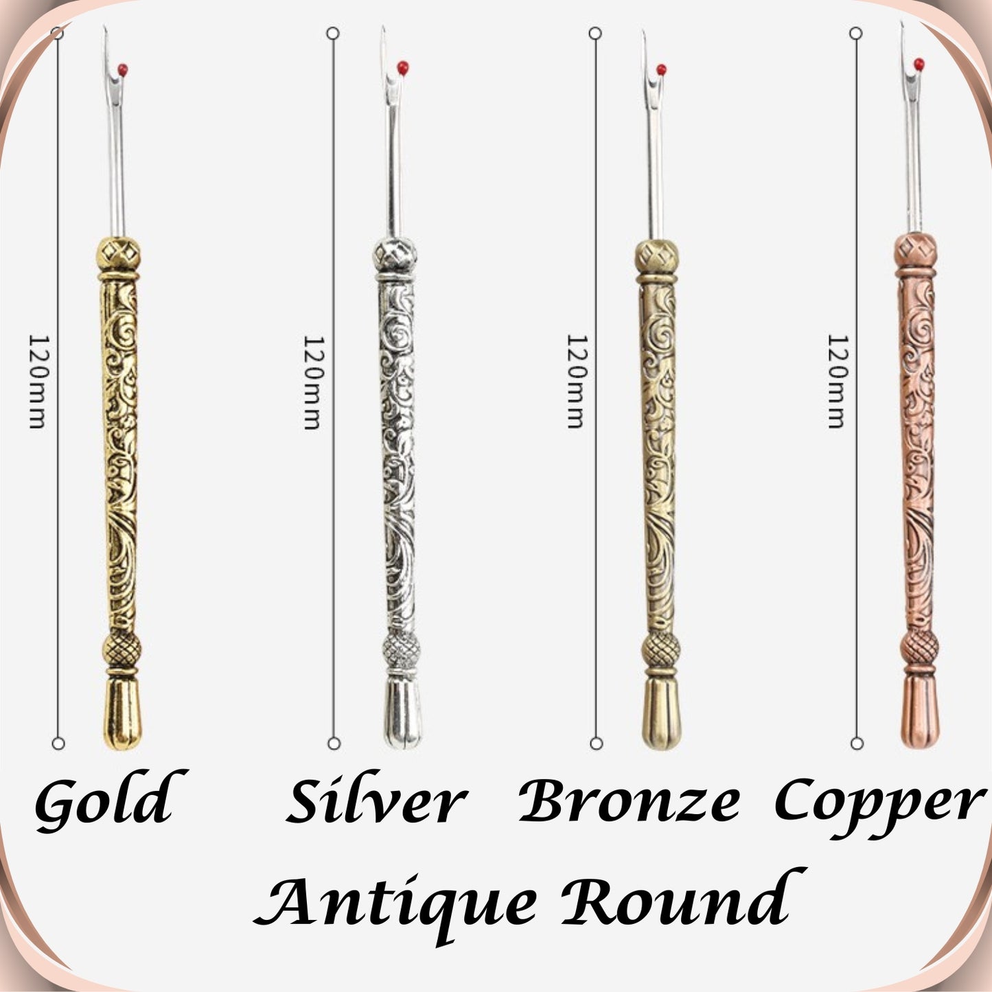 Size and colour chart for the Antique Round seam ripper: gold, silver, bronze and copper, each measuring 120 mm long