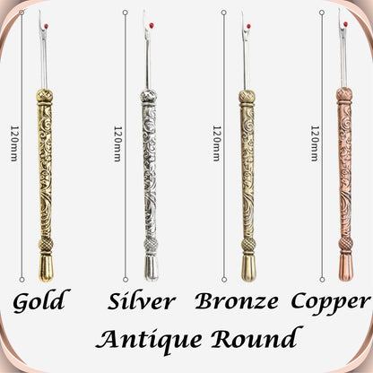 Size and colour chart for the Antique Round seam ripper: gold, silver, bronze and copper, each measuring 120 mm long