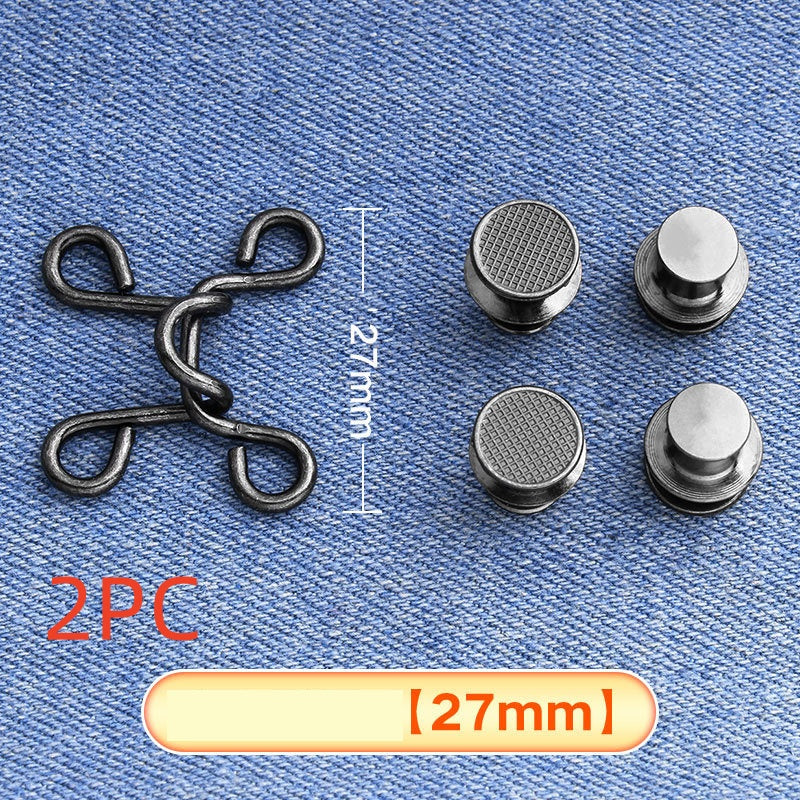 Gunmetal hook-and-eye waistband adjuster on denim marked 2PC for two sets, medium 27 mm