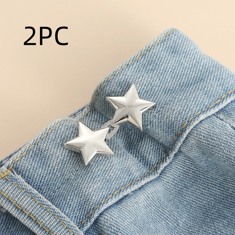 Silver star shape waist adjuster, two sets, shown on a denim waistband