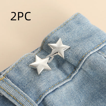 Silver star shape waist adjuster, two sets, shown on a denim waistband