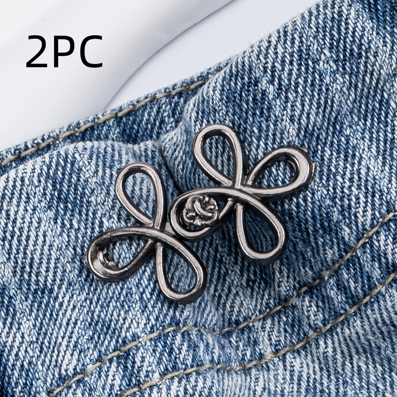 Gunmetal clover flower waist adjuster, two sets, shown on a denim waistband