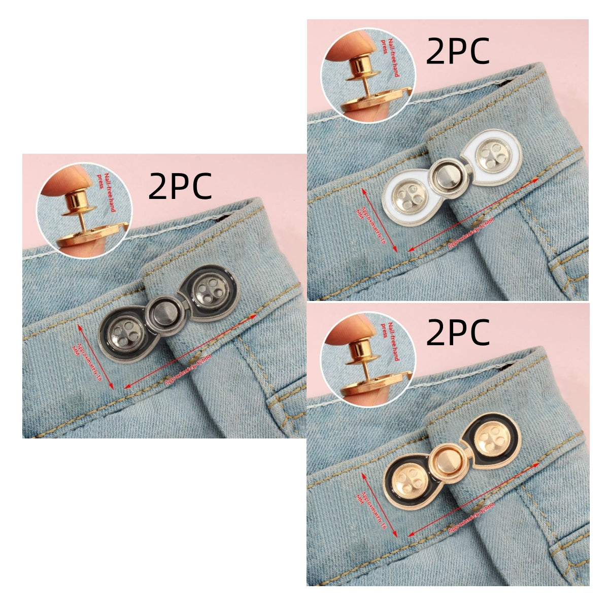 Bow button waist adjusters in golden, silver white and gunmetal, six sets, two of each colour