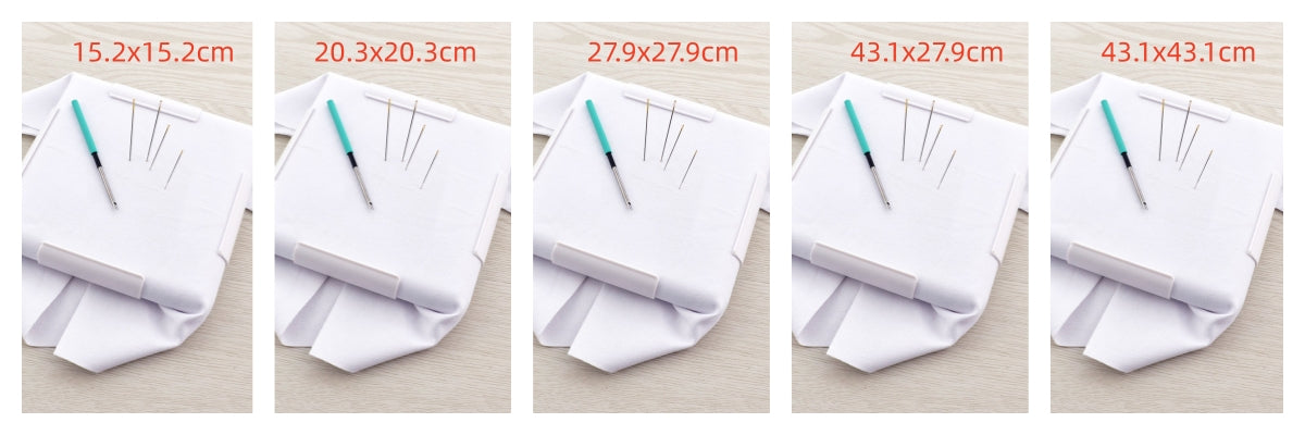 Set of all five snap embroidery frames, 6 x 6, 8 x 8, 11 x 11, 17 x 11 and 17 x 17 inch, labelled with sizes in cm