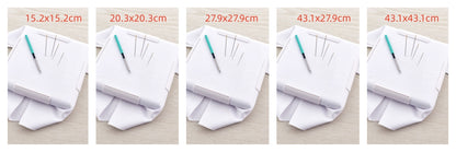Set of all five snap embroidery frames, 6 x 6, 8 x 8, 11 x 11, 17 x 11 and 17 x 17 inch, labelled with sizes in cm