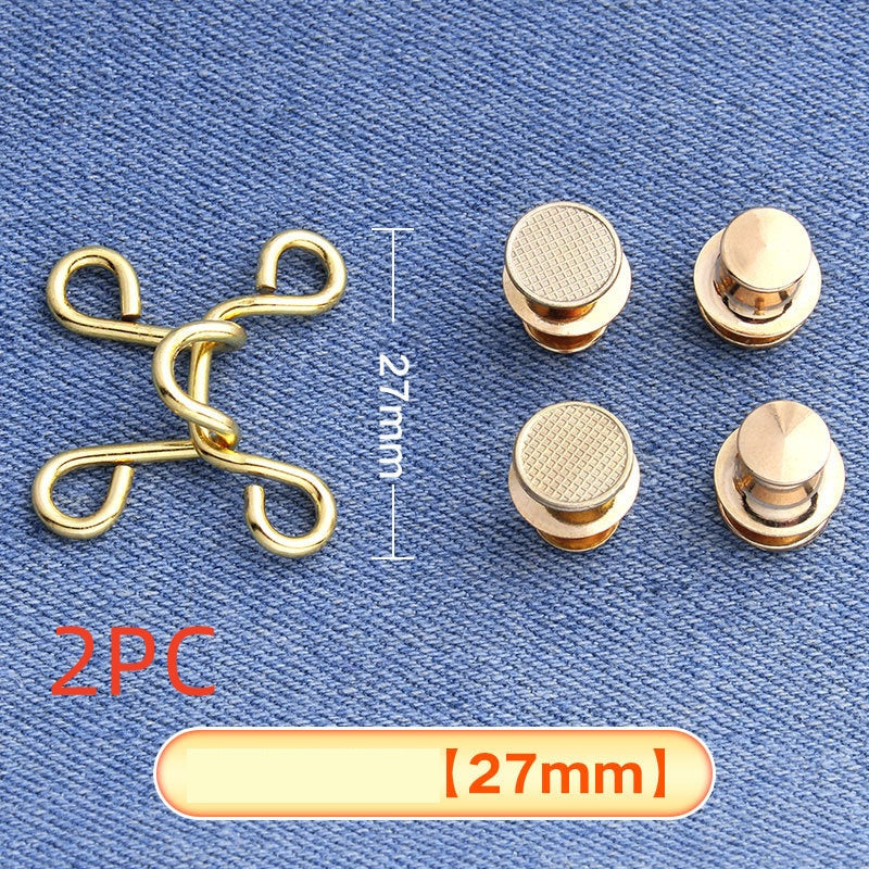 Golden hook-and-eye waistband adjuster on denim marked 2PC for two sets, medium 27 mm
